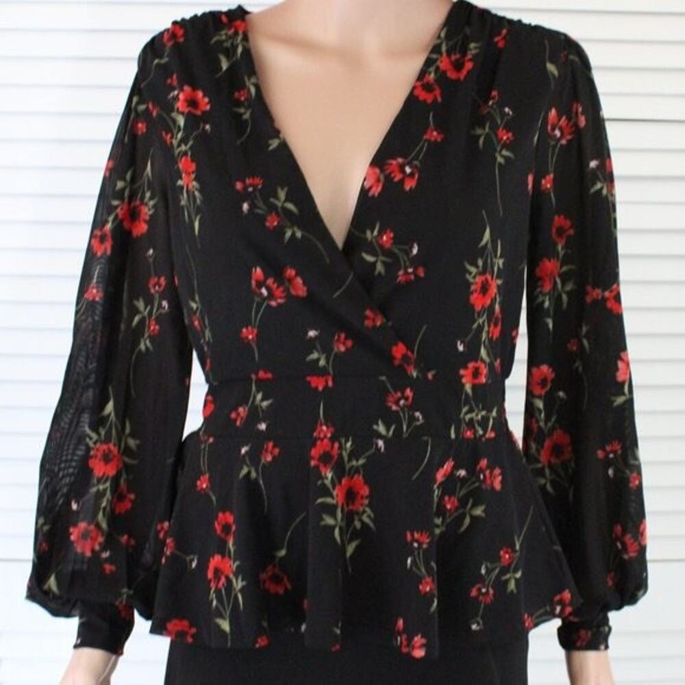 EMBER Women Surplice Long Sleeve Blouse - Size Small - Black Floral NEW‎
